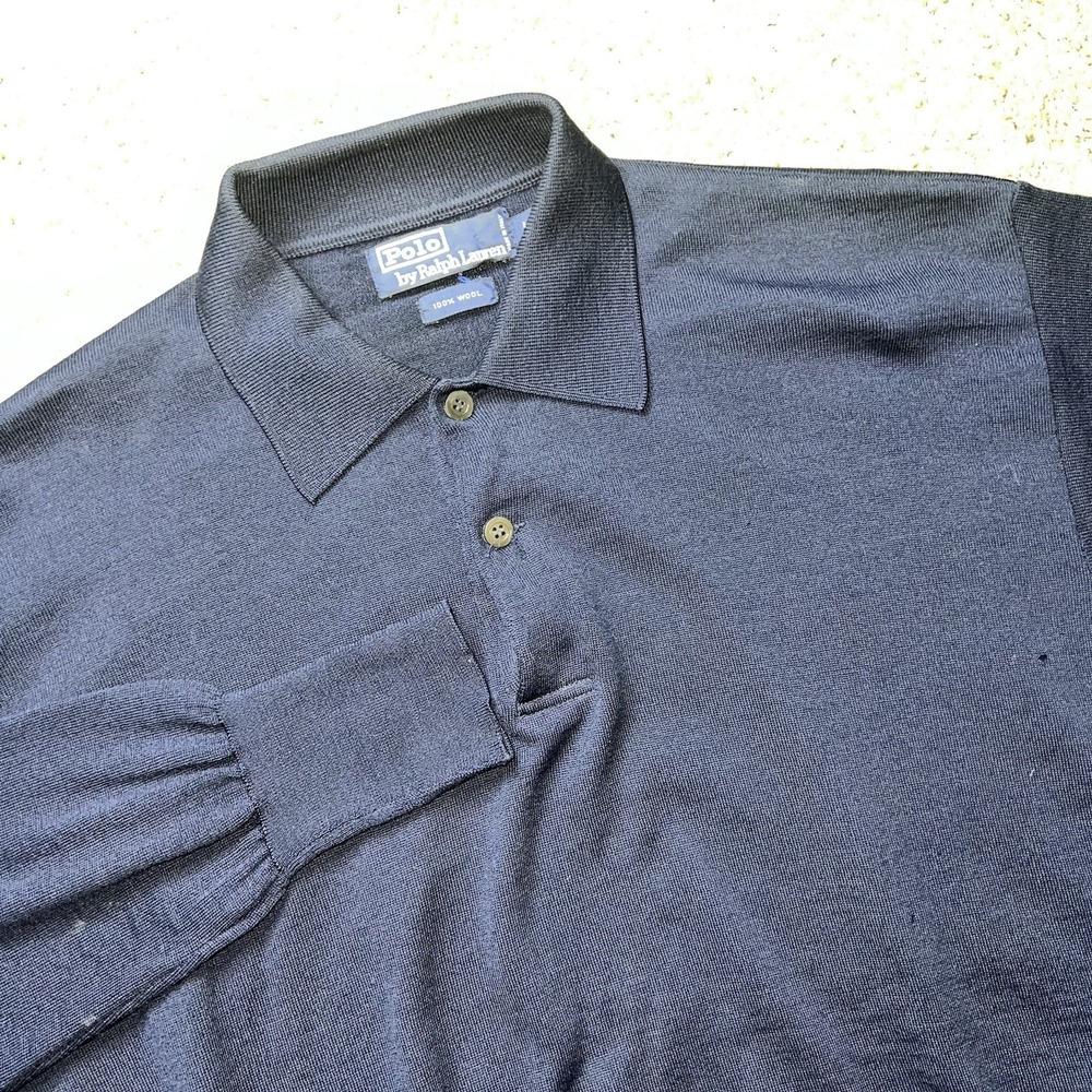 VTG Polo Ralph Lauren Sweater Men's XL Navy Blue 100% wool Collared‎